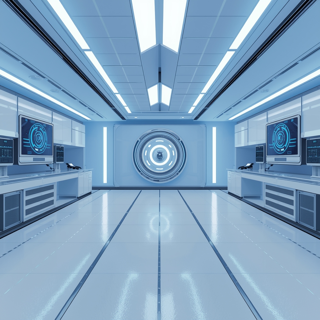 futuristic modern laboratory with blue lighting, high tech equipment, clean white surfaces, no people, 3d render